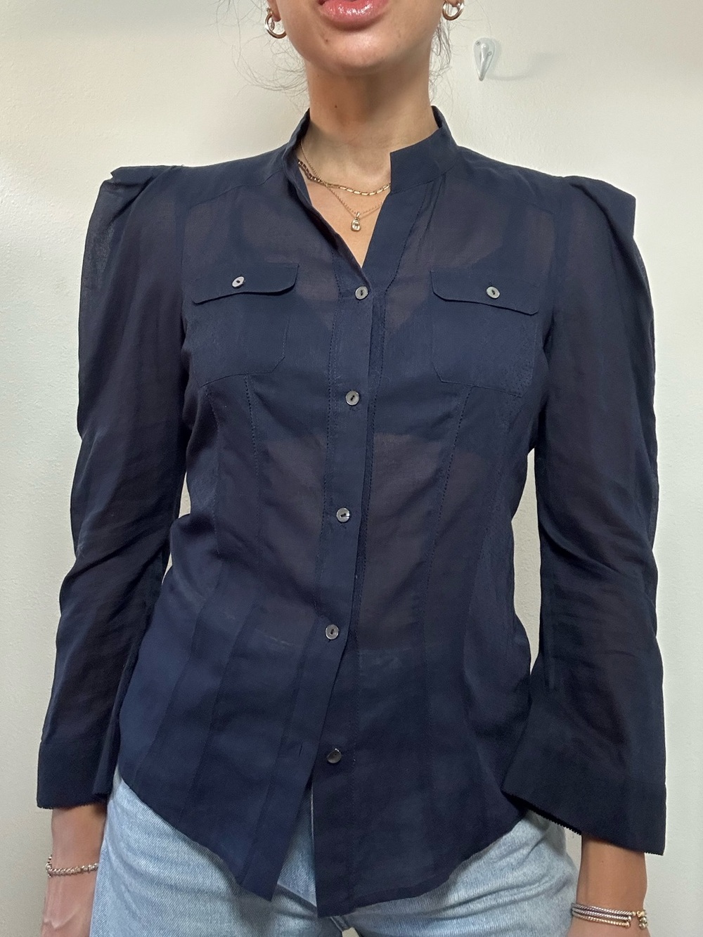 Diane Von Furstenberg DVF Navy Sheer Button-Front Cotton Bea Shirt Puff Sleeve 2